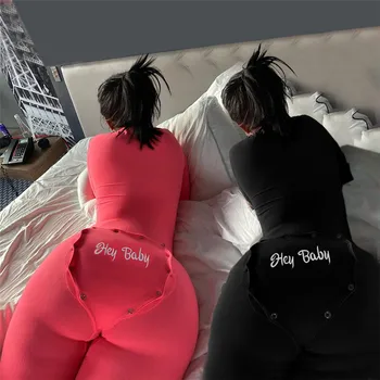 2020 Naujas Giliai V-kaklo Mygtukus Seksualus Rompers Moterys ilgomis Rankovėmis Jumpsuits Pavasarį, Rudenį Laiške Siuvinėjimo Sleepwear Atgal Atvartu Homewear