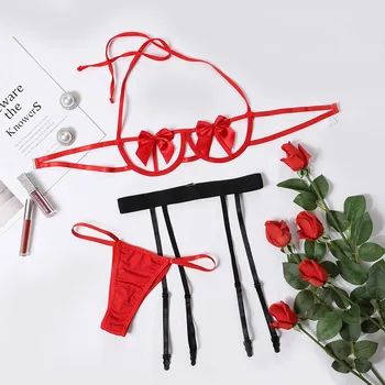 Erotinis apatinis trikotažas Moterims 2021 raudona Bowknot Kalėdų Šventė Cosplay Seksualus apatinis Trikotažas Nustatyti Plius Dydžio Push Up Liemenėlė Bikini Trumpas Rinkiniai