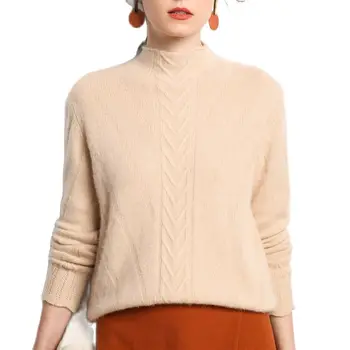Kašmyro ožkų susukti storas mezgimas moterų mados megztinis megztinis užspaudimo pusę-aukštos apykaklės, S/M/L/XL