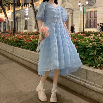 Nomikuma 3D puošyba Mėlyna Suknelė Moterims Vasarą Naujų O Kaklo trumpomis Rankovėmis Linija, Aukštos Juosmens Suknelės Saldus Prašmatnus Vestidos