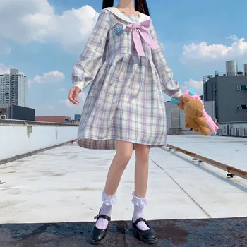 2020 m. nauja Japonų kolegija stiliaus karinio jūrų laivyno apykaklės Bowknot pledas prarasti lolita dress plius dydis M-2XL moterų Vestidos Cos Loli