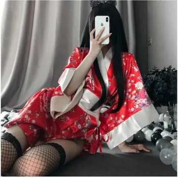 Moterų Tradicinio Stiliaus Skraiste Yukata Kostiumai Pižama Minkštas Šilko Diržo 3pcs Nustatyti Juoda Raudona Japonų Kimono Seksualus Cosplay Apranga