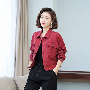 Bordo džinsinio striukė moterims 2021 naujas prarasti įrankiai striukė Honkongo stiliaus viršaus moteriški drabužiai