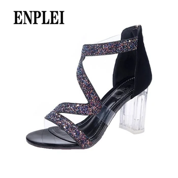 ENPLEI 2019 mados, naujo dizaino supa juostelės moterų romos gladiatorių batai šalies Skaidrius aukštakulnius zip sandalai 3 spalvų 35-39