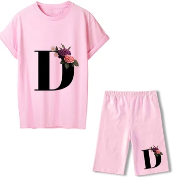 Vasarą Moterys Laiškas Išspausdintas Rožinė T-Marškinėliai+Šortai Dviejų Dalių Rinkiniai Ansamblis Femme Trumpas Rankovės O-Kaklo Atsitiktinis Bėgiojimas Sexy Apranga