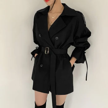 Sungtin Korėja Trumpas Juodas Tranšėjos Paltai Moterims Rudenį Trimitas Rankovėmis negabaritinių Outwear Atsitiktinis Chic Moterų Chaki Windbreake 2021