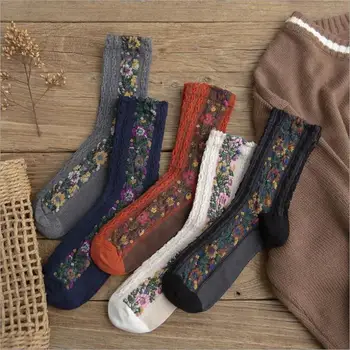1 pora naujų rudens ir žiemos lino modelis medvilnės moterų kojinės retro mažų gėlių patogus kojinės